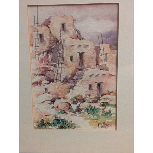 Faulkner Watercolor Painting Of Adobe Pueblo Scene In Copper Frame - Picture 7 of 16
